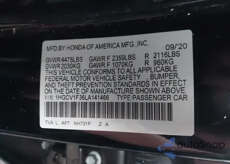 2020 Honda Accord Sport from USA, damaged, VIN 1HGCV1F36LA141466